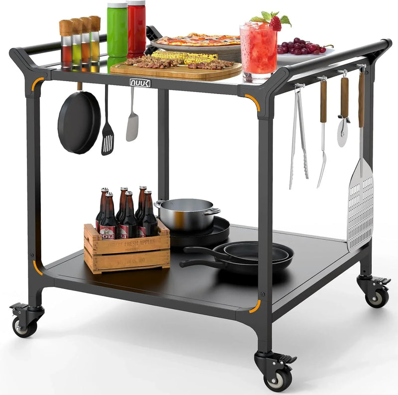 Outdoor barbecue food truck, 32" x 32" stainless steel pizza oven table, mobile barbecue kitchen food preparation cart with double-tiered shelves, suitable for garden patios M9