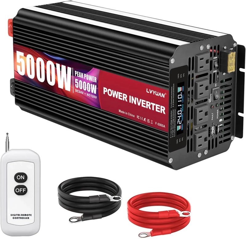 5000 Watt Power Inverter 12V to 110V 120V for Vehicle, Solar Inverter System, Heavy Duty, RV, Truck, Off Grid,Camping with 4 AC Outlets, LCD Display, Wireless Remote Control, Car Power Inverter Q7