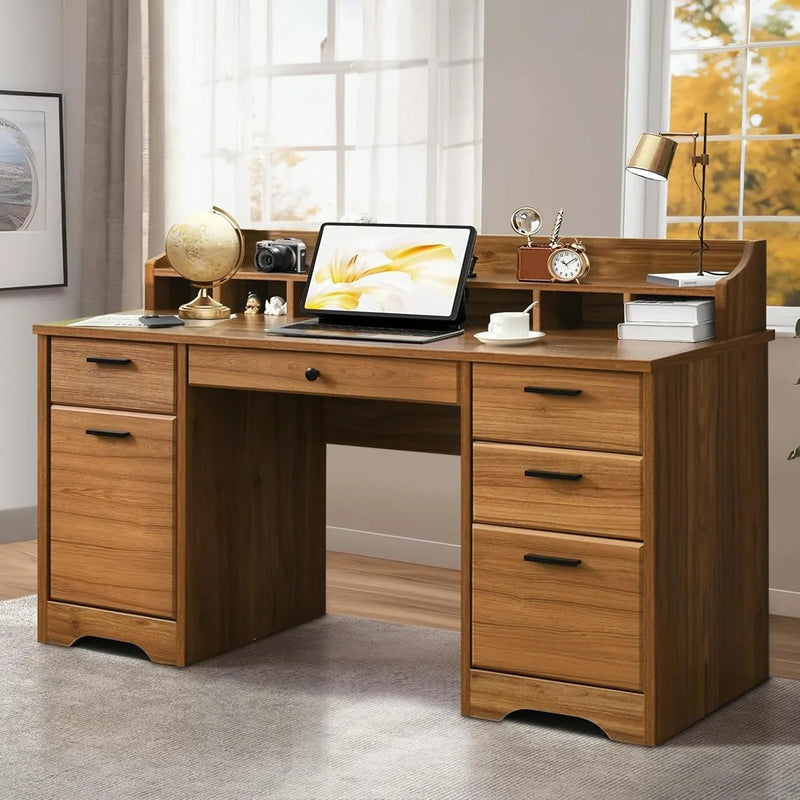 Executive Desk with Drawers, 58 Inch Desk with Storage, Wood Executive Desk with 6 Drawers, Study Desk for Bedroom, Business Furniture Desk with File Cabinet, Vintage Brown C5