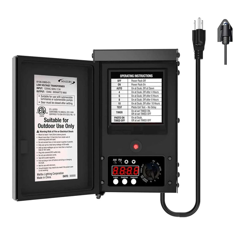 600W low-voltage transformer, outdoor landscape lighting transformer, 120V AC to 12V AC conversion, equipped with sensor and rain cover, suitable for garden LED lighting, spotlights, sidewalk lights E1