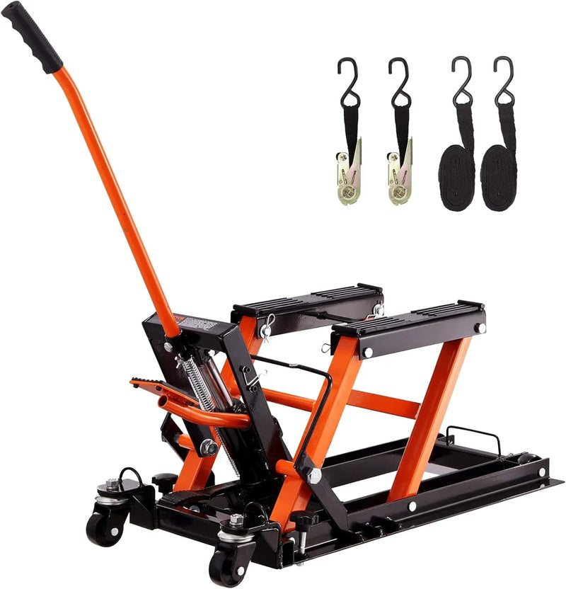 Hydraulic Motorcycle Lift Jack 1500 LBS Capacity ATV Scissor Lift Jack Portable Motorcycle Lift Table with 4 Wheels Hydraulic Foot-Operated Hoist Stand for Motorcycle ATV UTV Powersports C7
