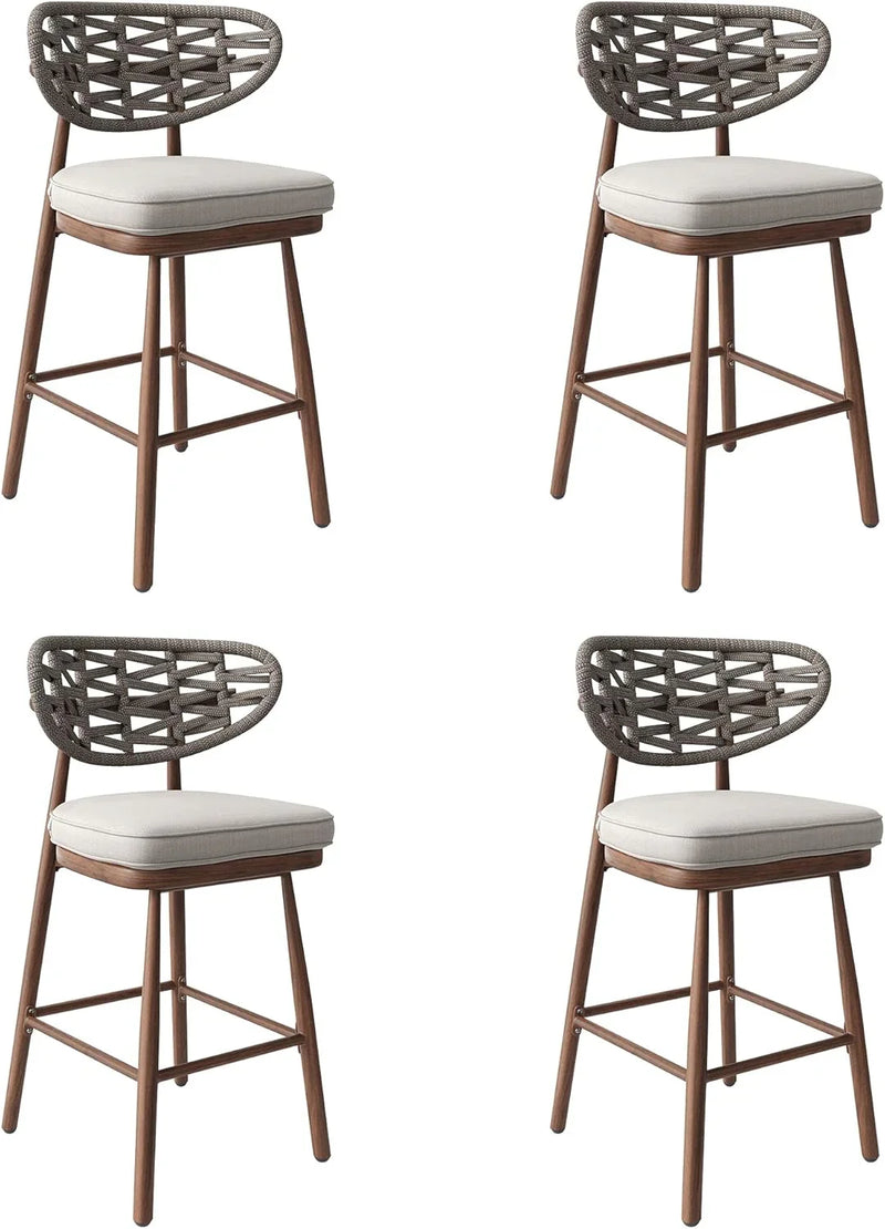 Outdoor Bar Stools Set of 2,Rattan Barstools Woven,29'' Bar Height Stools with Backrest and Teak Leg,Aluminum Bar Chairs Boho Bar Stool with Cushions,Tall Barstool for Patio,Teak Y3