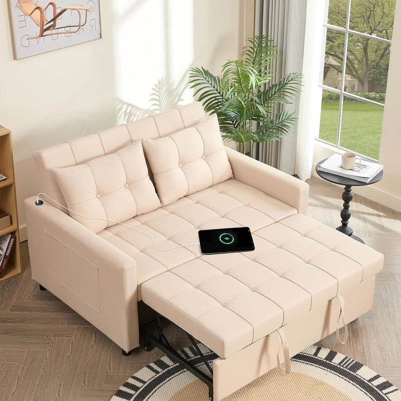 52" Sleeper Sofa with Pull-Out Bed, 3-in-1 Convertible Sofa Bed, Loveseat with Adjustable Backrest and Side Pocket, for Living Room Apartment, Linen, Dark Grey K2