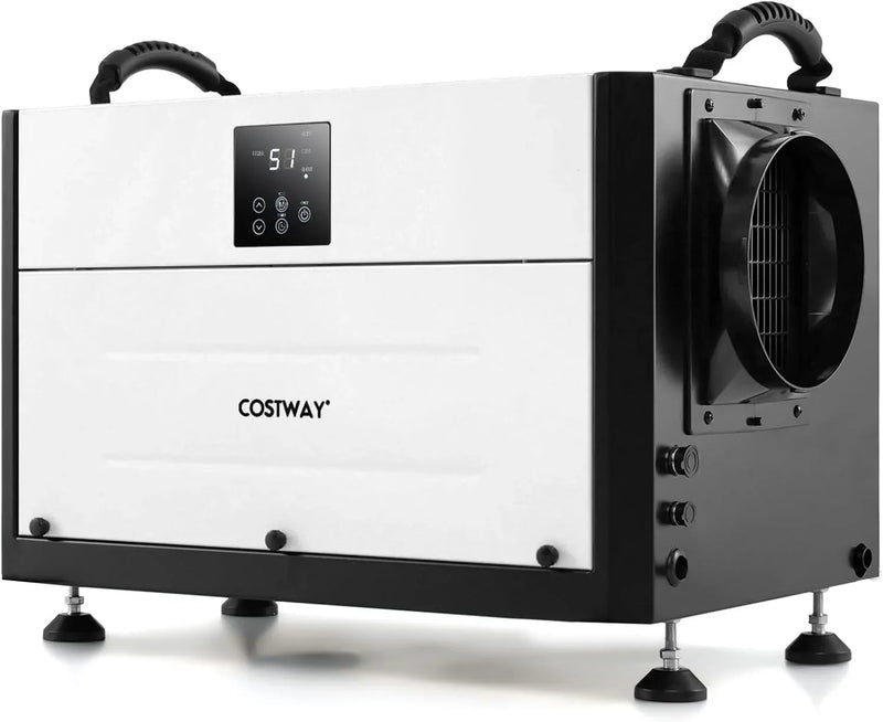 Commercial dehumidifier, suitable for 1300 square feet of basements, storage areas or work sites, equipped with a 9.8-foot drainage pipe and a wired remote control panel, white model. L3