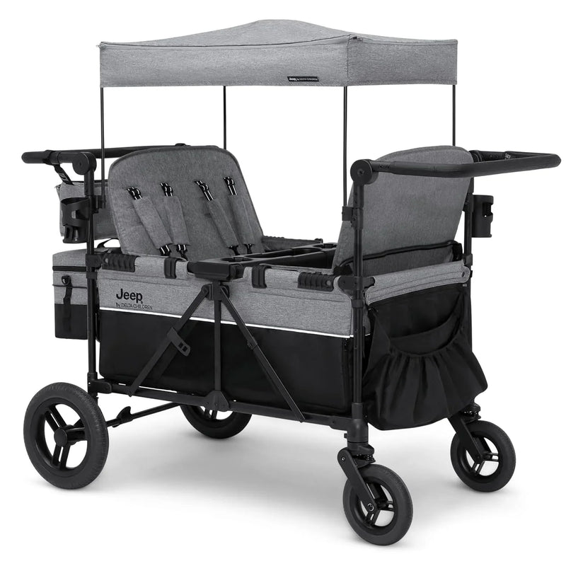 Luxurious 4-seater children's stroller - A high-end 4-seater children's stroller specially designed for 4 children, equipped with convertible seats, adjustable push-pull handles, detachable sunshade, and flat folding device. The color is grey. X8
