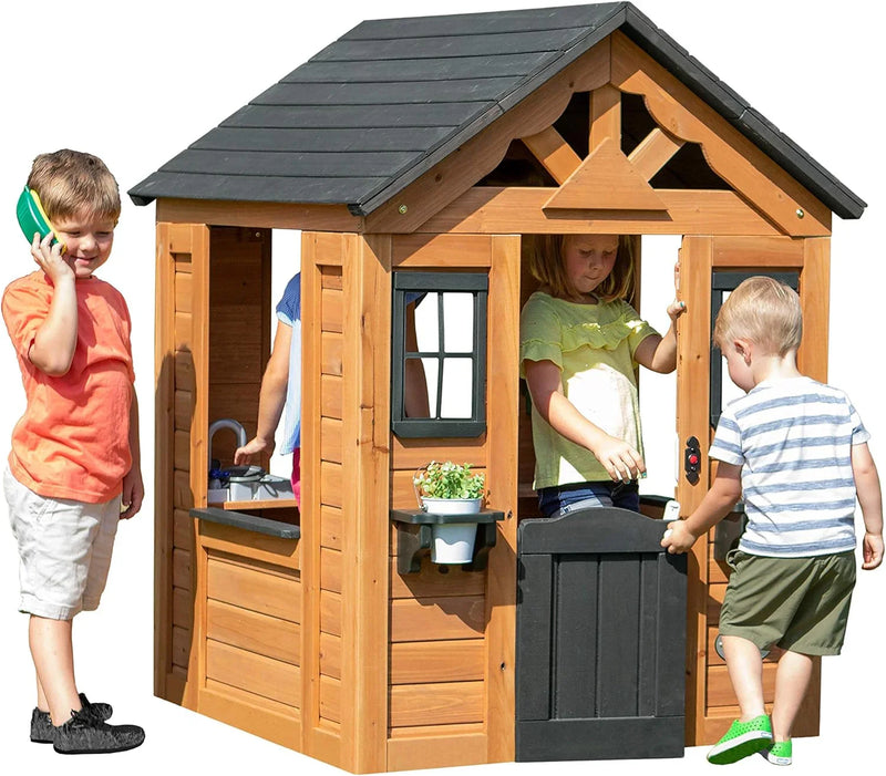 Children's playhouse cabin, equipped with a game kitchen, snack bar, half-door, toy phone, windows, flower pot stand and an operable doorbell, suitable for creative outdoor games. H0