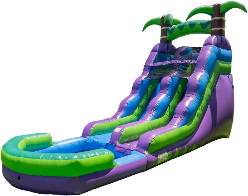 16’ Purple Tropical Lightweight Premium Commercial Grade Water Slide Inflatable with Attached Pool for Kids and Adults (with Blower), Wet Dry Use, Summer Fun F2