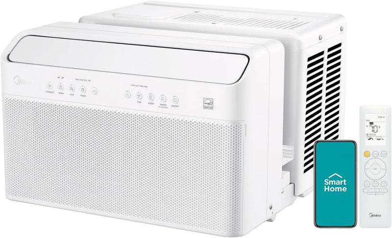 8,000 BTU U Shaped Smart Inverter Window Air Conditioner, Cools up to 350 Sq. Ft., Ultra Quiet with Open Window Flexibility, Works with Alexa/Google Assistant, 35% Energy Savings, Remote Control V9