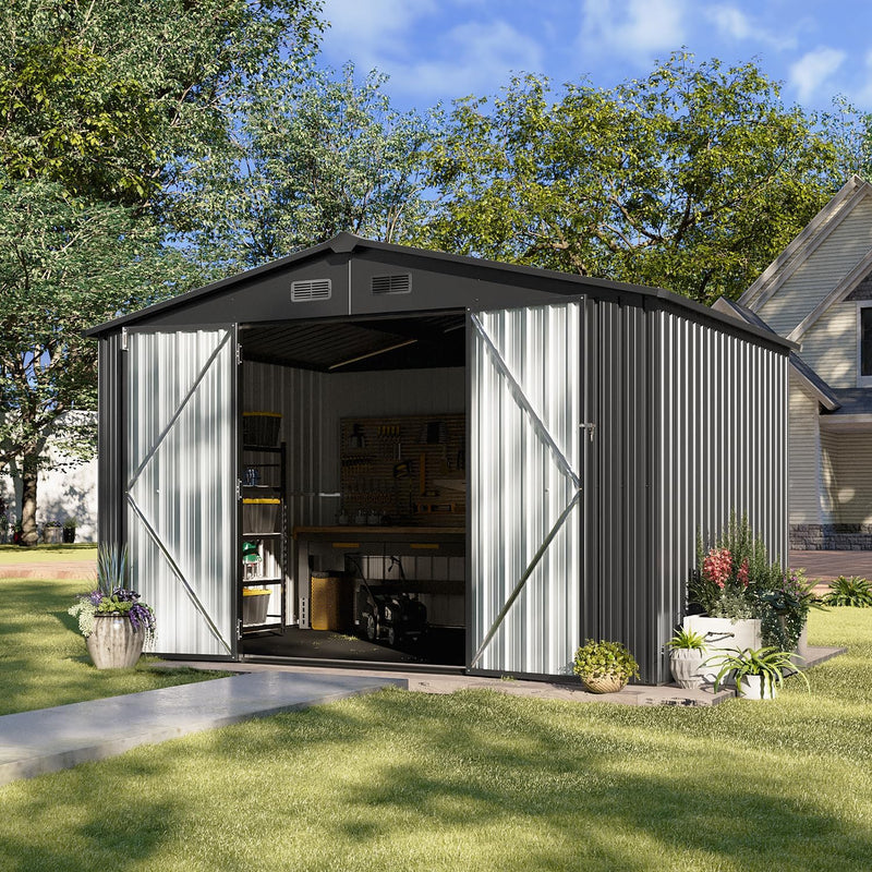 5x2.7 FT Outdoor Metal Storage Shed - Durable Water-Resistant Galvanized Steel, Sloping Roof Design, Lockable Door - Ideal for Tool Storage on Lawn, Patio & Backyard (Black) W7