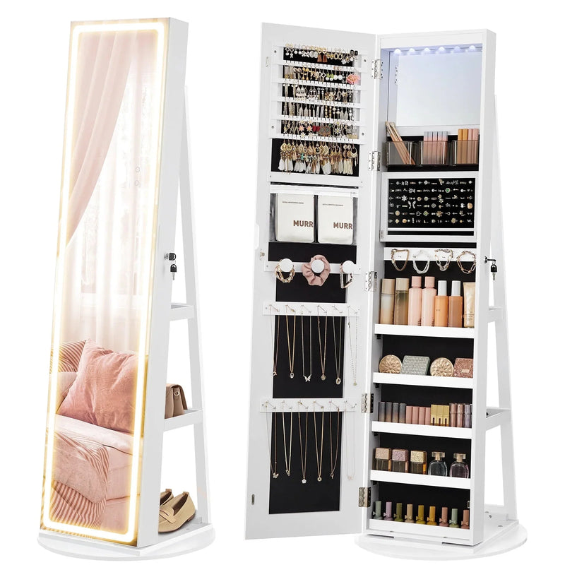 LED Mirror Jewelry Cabinet Standing Jewelry Armoire Organizer Box with Full-Length Mirror and Adjustable LED Lights White M0