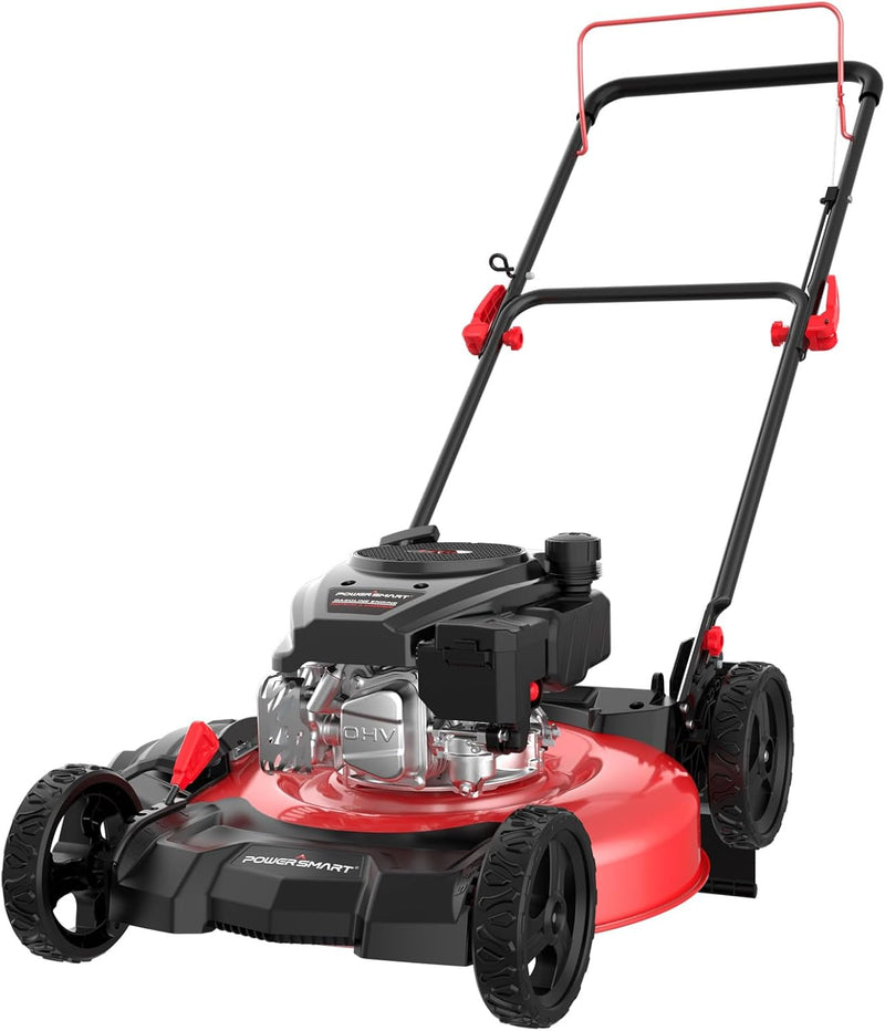 21-inch gas-powered lawn mower, equipped with a 144cc four-stroke all-terrain engine, featuring both crushing and side-discharge functions, with adjustable cutting height ranging from 6 positions. N0