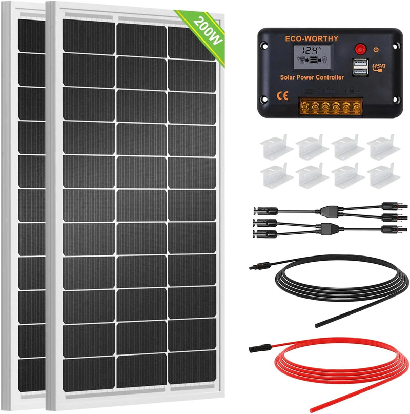 200 Watts 12 Volt/24 Volt Solar Panel Kit with High Efficiency Monocrystalline Solar Panel and 30A PWM Charge Controller for RV, Camper, Vehicle, Caravan and Other Off Grid Applications E9
