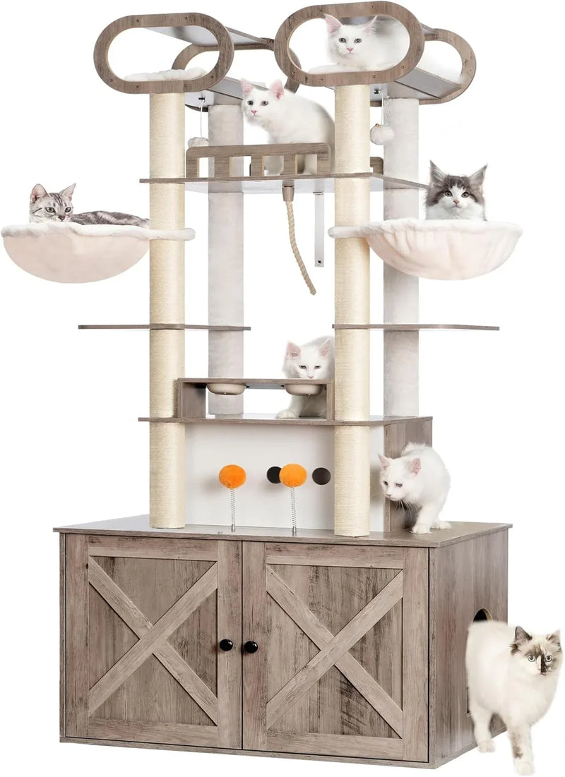 The Habori cat climbing frame with cat litter box storage box, a 76.8-inch wooden Menicos cat tower, equipped with a feeding station and a large platform, modern-style large cat apartment furniture, with a climbing column made of full Nisaal material O0
