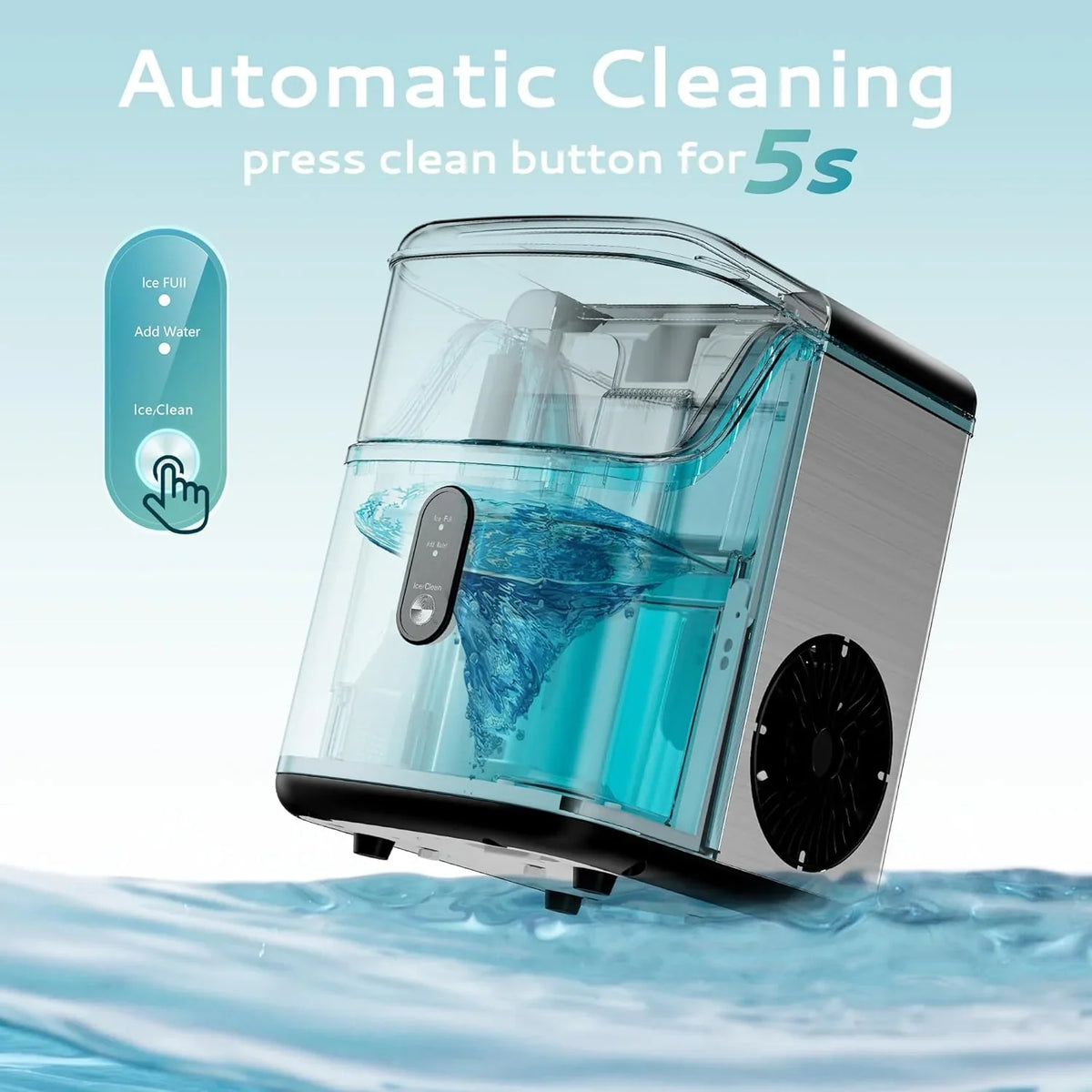 Desktop ice machine, pebble-style ice machine with 35 pounds/24-hour soft ice function, automatic cleaning sonic ice machine with ice scoop and ice box, granular ice machine (in stainless steel) suitable for home/kitchen/office