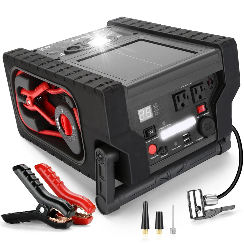 Solar Portable Power Station 2000 Amps Jump Starter, 260 PSI Air Compressor, 12V Car Battery Charger with 400W Inverter Dual AC/DC/USB Output, Emergency Backup Power with Flashlights K7