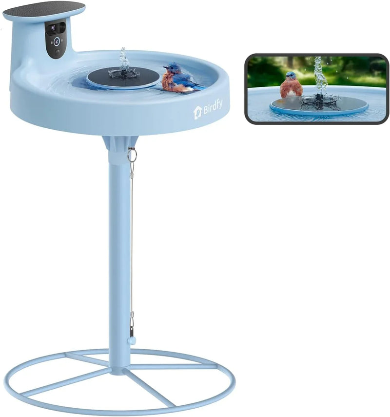 Smart Bird Bath, equipped with a camera, solar power supply, fountain and stand. It features a dual-lens camera for bird observation, automatically captures bird videos and has motion detection functionality. I8