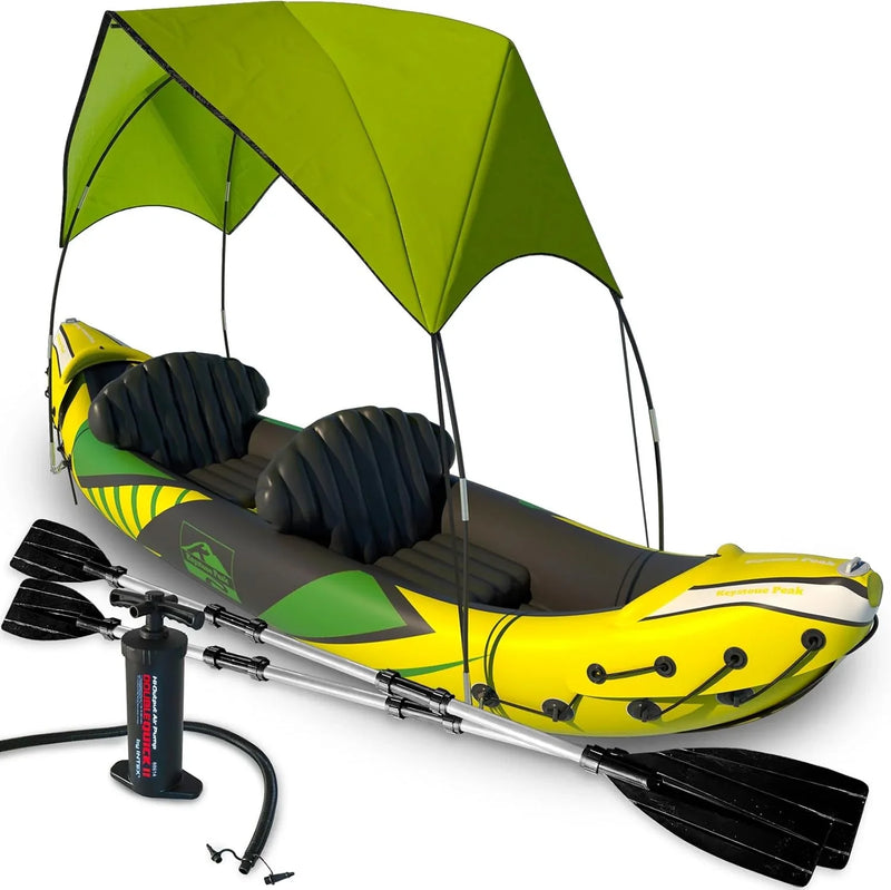 Inflatable Kayak 2 Person with Sun Canopy (Detachable) Kayaks for Adults 3rd Seat for Dog/Child Waterproof Phone Bags Adjustable Seats Kayak Backrests & More New 2024 Yellow Green H1