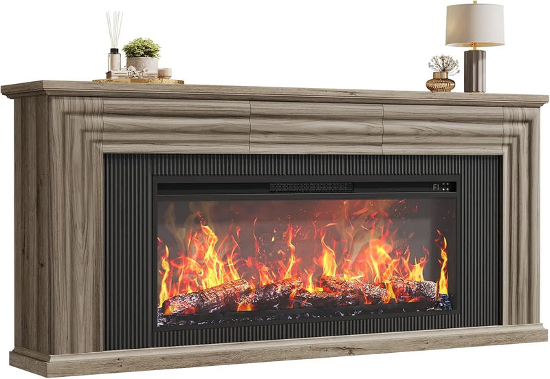 75-inch wall-mounted TV cabinet, rustic modern entertainment center with fireplace, 70-inch media cabinet with 3 drawers, featuring a recessed design, suitable for the living room, black version V5