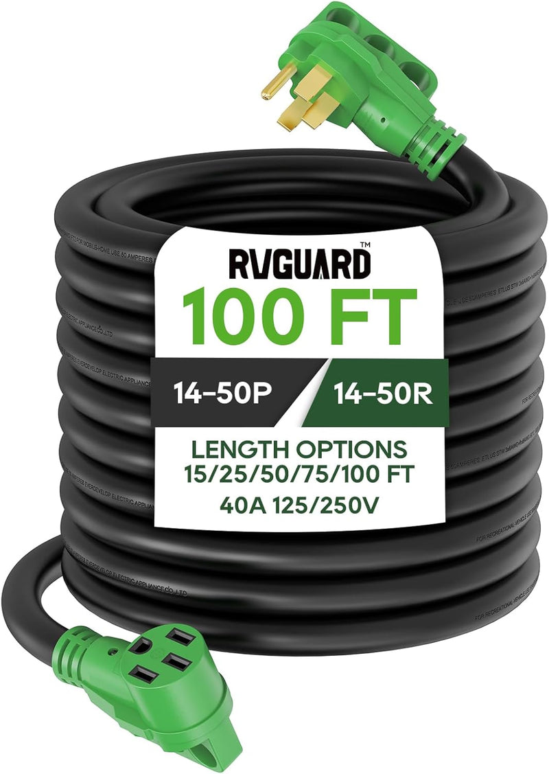 40 Amp 100 Foot RV/EV Extension Cord, NEMA 14-50P/R Heavy Duty Extension Cord with LED Power Indicator and Cord Organizer, Green, R8