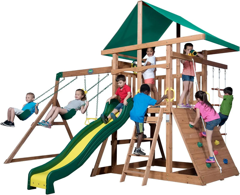 Cedar Wood Swing Set with Wave Slide, Play Deck, Double Rock Wall, Rope Ladder, Web Swing, Belt Swings, Toy Telescope, Steering Wheel, Sandbox Area, Outdoor Playset Y1