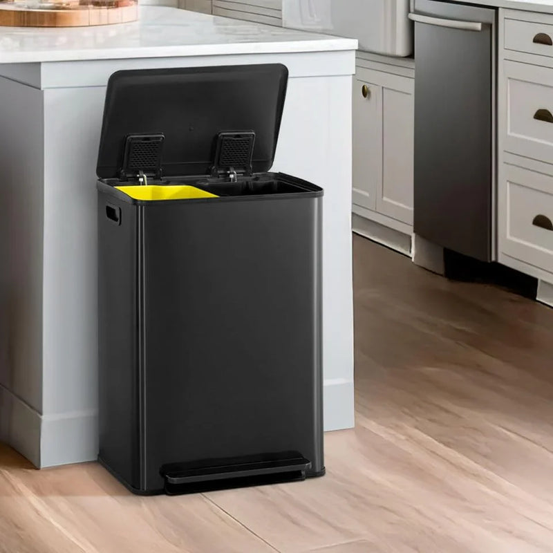 CAPHAUS Dual Trash Can with Double Lid, Trash and Recycle Bins Combo, Hands-free Stainless-Steel Garbage Can for Kitchen, with 2 Compartment, Hinged Lid, Odor Filters, Handles, 25L 25L, 2 x 6.6 Gallon P7