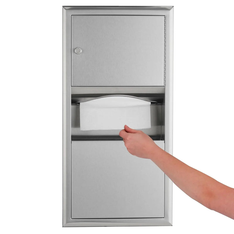 Wall-mounted tissue dispenser and waste paper storage box. Mirror-polished stainless steel material. 2-gallon capacity. Can hold 350 single-layer or 475 multi-layer tissues. Easy to install. Suitable for commercial bathrooms. W4