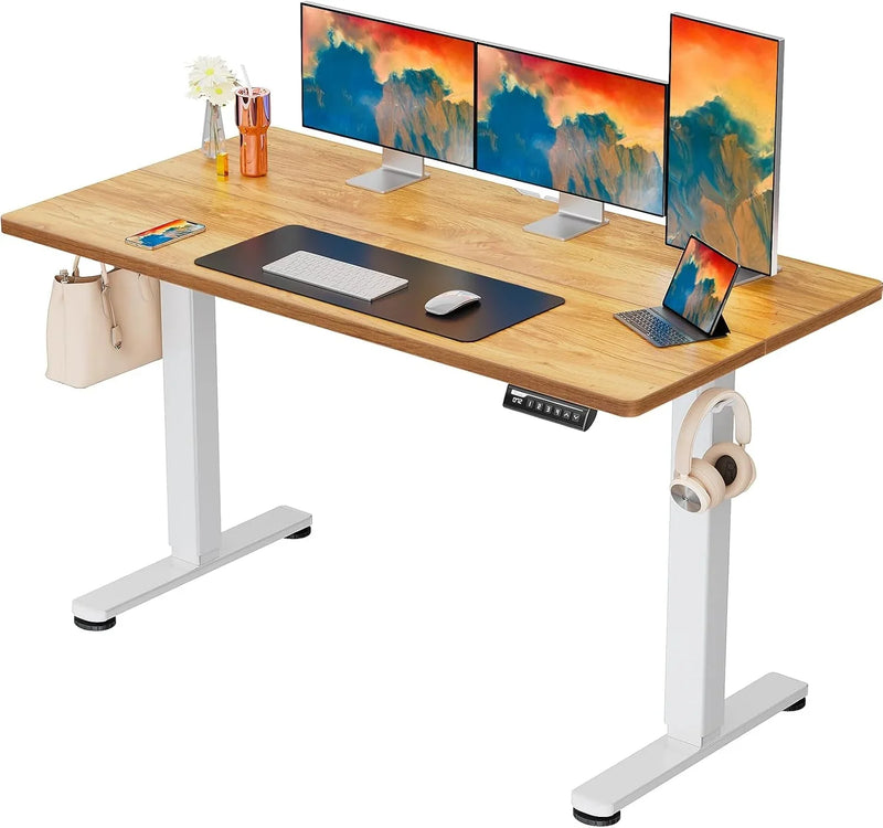 Height Adjustable Electric Standing Desk, 40 x 24 Inches Sit Stand up Desk, Small Memory Computer Home Office Desk with Two-Piece Desktop (Light Vintage Brown) K1