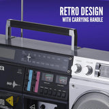 Retro-style portable CD player, featuring tape recording function, Bluetooth 5.0 technology, FM/AM radio, USB/SD/AUX input interfaces, VU meter, LCD display, dual 40-watt speakers - silver