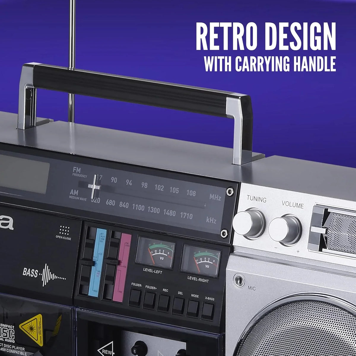 Retro-style portable CD player, featuring tape recording function, Bluetooth 5.0 technology, FM/AM radio, USB/SD/AUX input interfaces, VU meter, LCD display, dual 40-watt speakers - silver