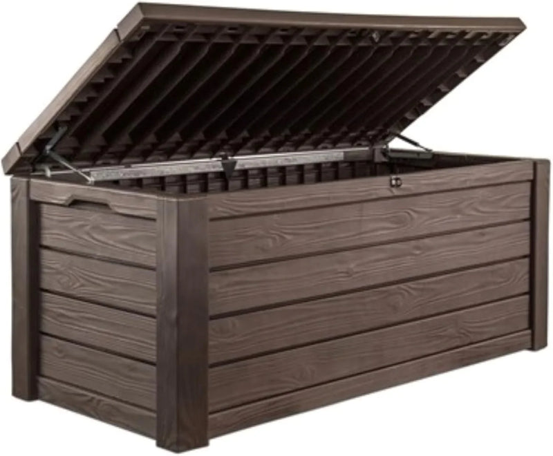 Outdoor storage deck box, 150-gallon resin deck storage box and bench, with wood-grain design, in brown color scheme O5