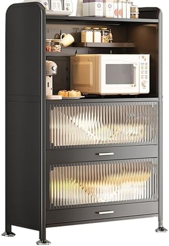 Wall Mounted Pegboard & Microwave Storage Rack - 4/5-Tier Kitchen Baker's Rack with Flip Dual Door Cabinet & Metal Shelves for Small Appliances & Kitchen Organization Q7
