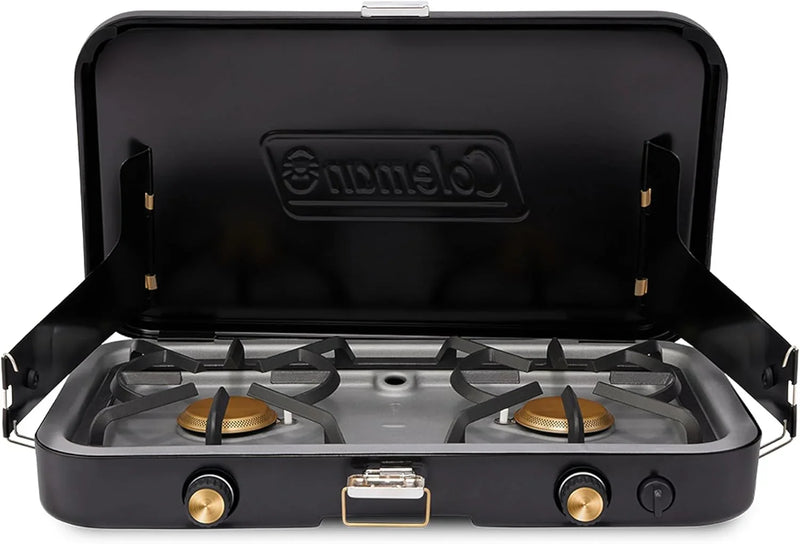The 1900 series three-in-one propane camping stove, featuring a cast iron grill and frying pan accessories, has a power output of 24000 watts. It is equipped with an adjustable flame cover and excellent lighting device, and comes with two adjustable R2