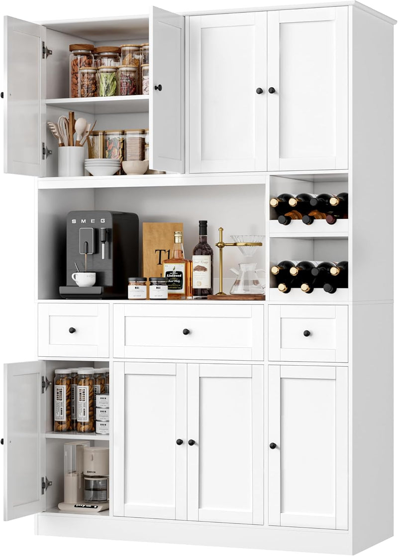 72" Tall Kitchen Pantry with Wine Rack, Pantry Cabinet with Microwave Stand, Large Hutch with Ample Storage, Hutch Cabinet for Kitchen, Dining, Living Room, White I8