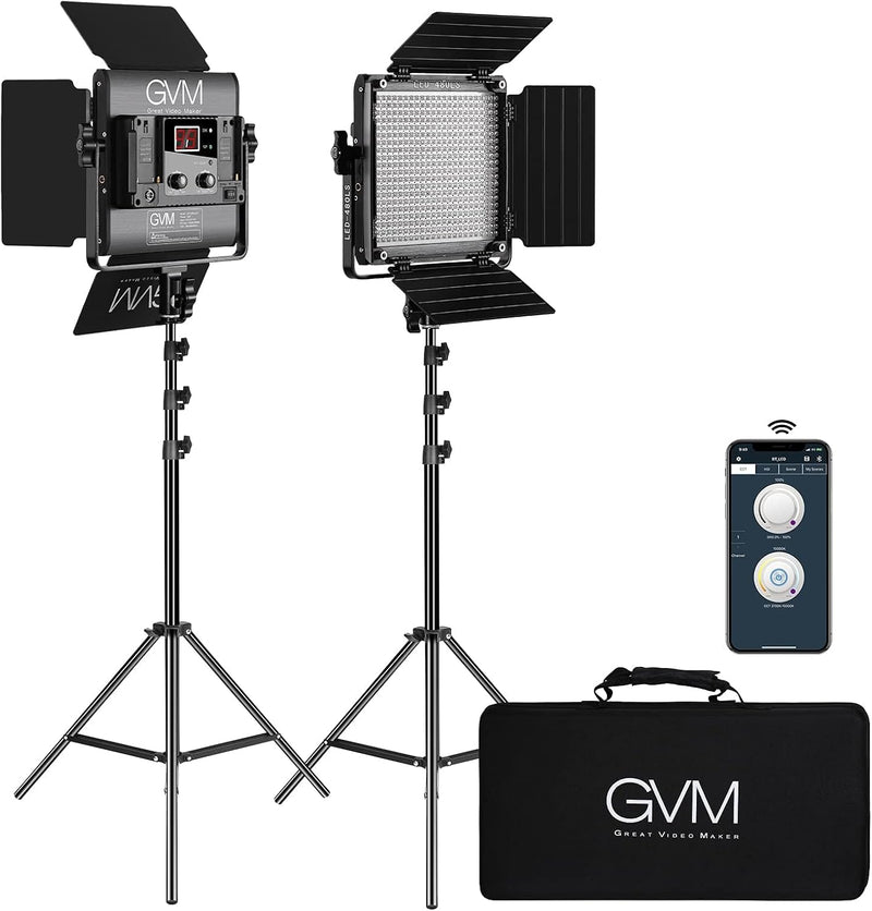 2 Pack LED Video Lighting Kits with APP Control, Bi-Color Variable 2300K~6800K with Digital Display Brightness of 10~100% for Video Photography, CRI97 TLCI97 Led Video Light Panel Barndoor X8
