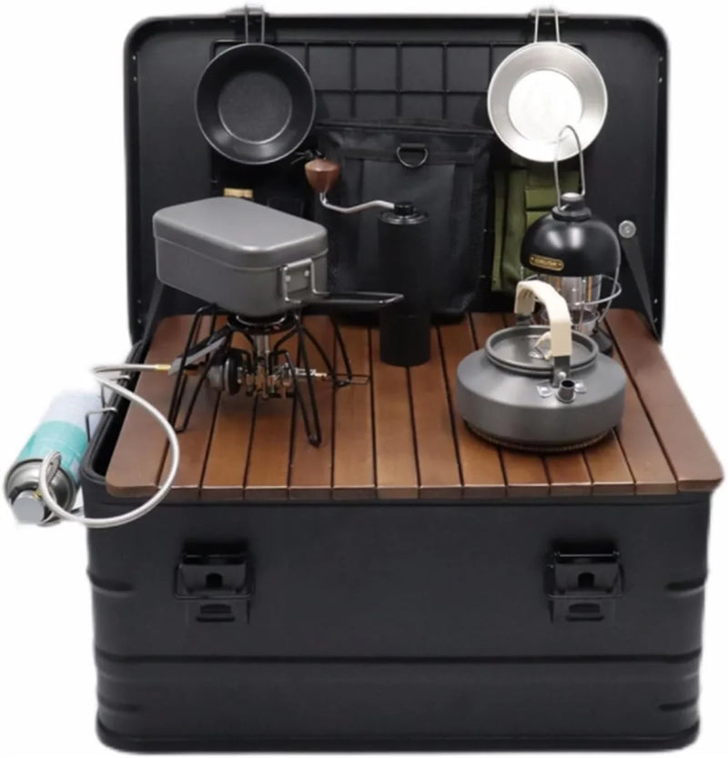 Camping box - Waterproof outdoor metal storage box, 47 liters, portable RV box, equipped with a wooden table and a set of 3 storage bags, large capacity storage box L0