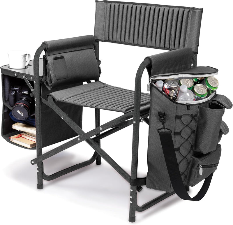 The "Picnic Time" brand's outdoor folding chairs with a unique design feature a grey base and a black frame. The dimensions are 33 x 7 x 21. B7