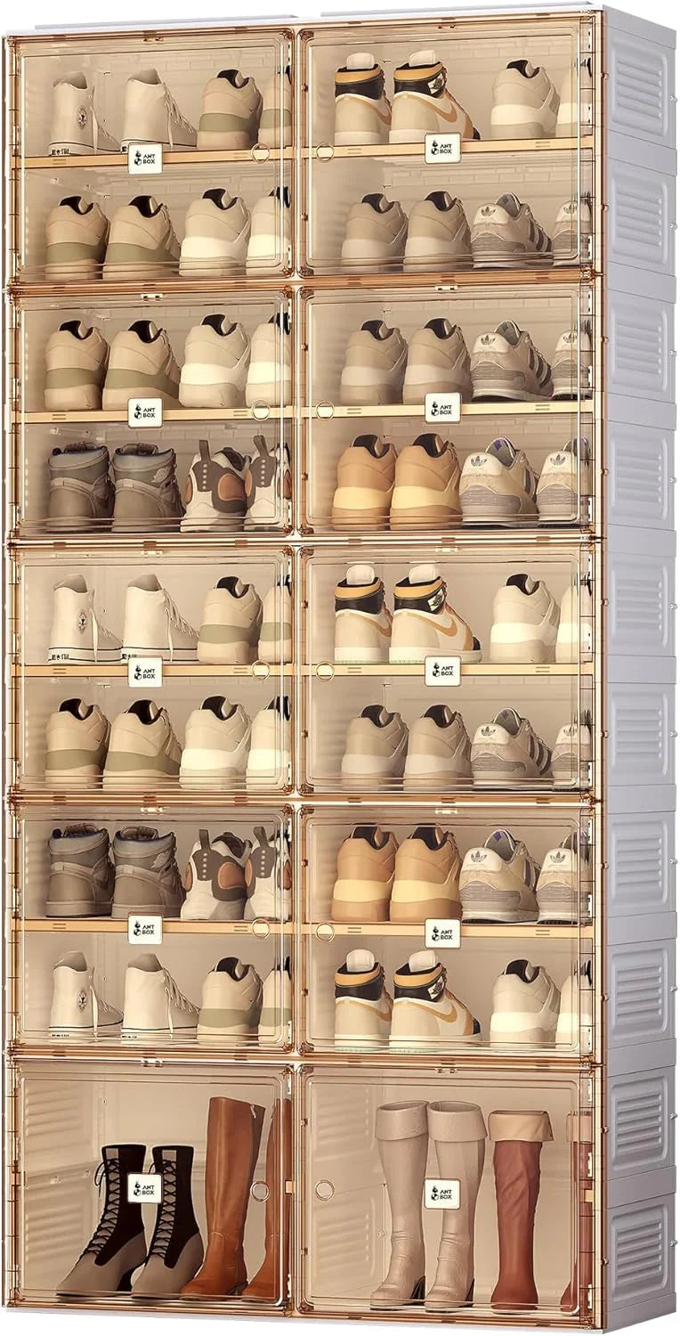 Portable shoe rack organizer, suitable for the entrance of the closet, stackable storage cabinet for sports shoes, shoe cabinet with magnetic transparent doors, large plastic storage container box (with lid), with 5 layers, can hold 20 pairs of shoes I9