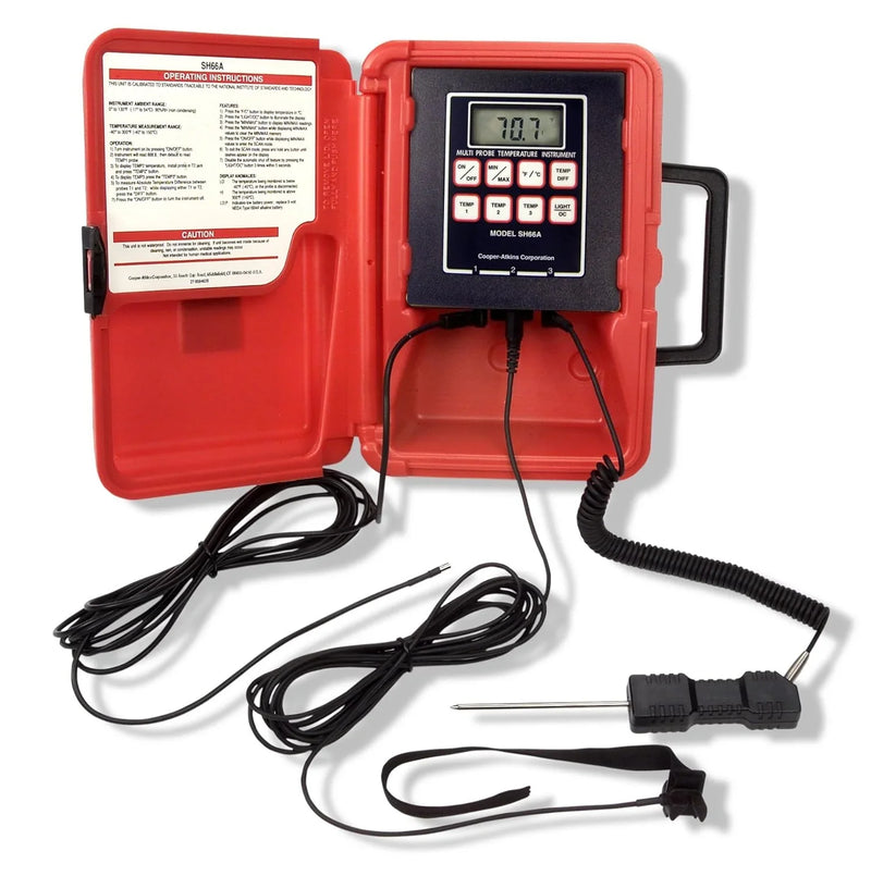 A thermoresistance thermometer with a liquid crystal display, in a red color, with a temperature range of -40°F to 300°F. R4
