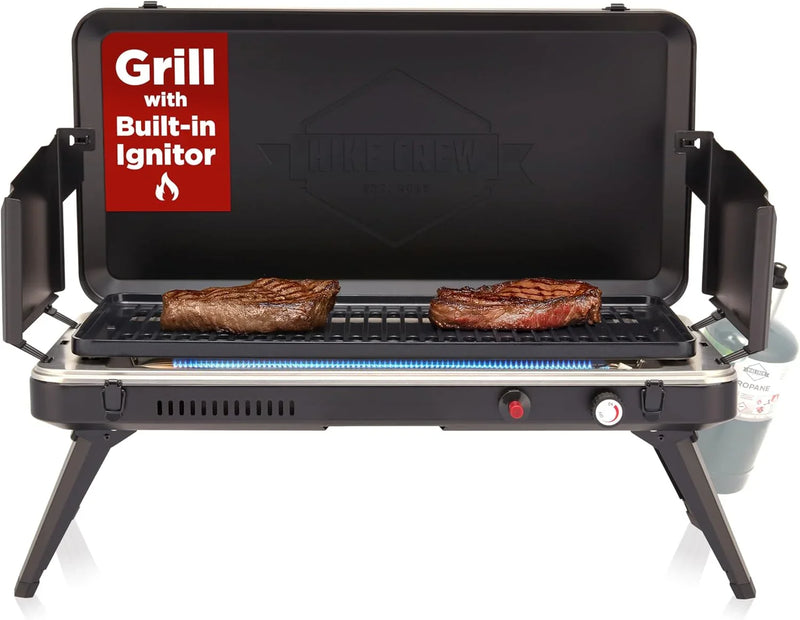 Gas camping barbecue grill | 13,000 watts | Portable liquefied gas burner | Foldable legs and feet | Integrated igniter and built-in regulator (with stainless steel drip tray) | Windproof panel and built-in handle Y4
