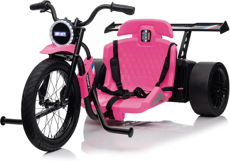 Children's electric drift tricycle, three-wheel electric drifting bicycle, equipped with LED lights, 16-inch inflatable tires, battery-powered, suitable for boys and girls aged 8 and above, outdoor electric driving vehicle (black) J1