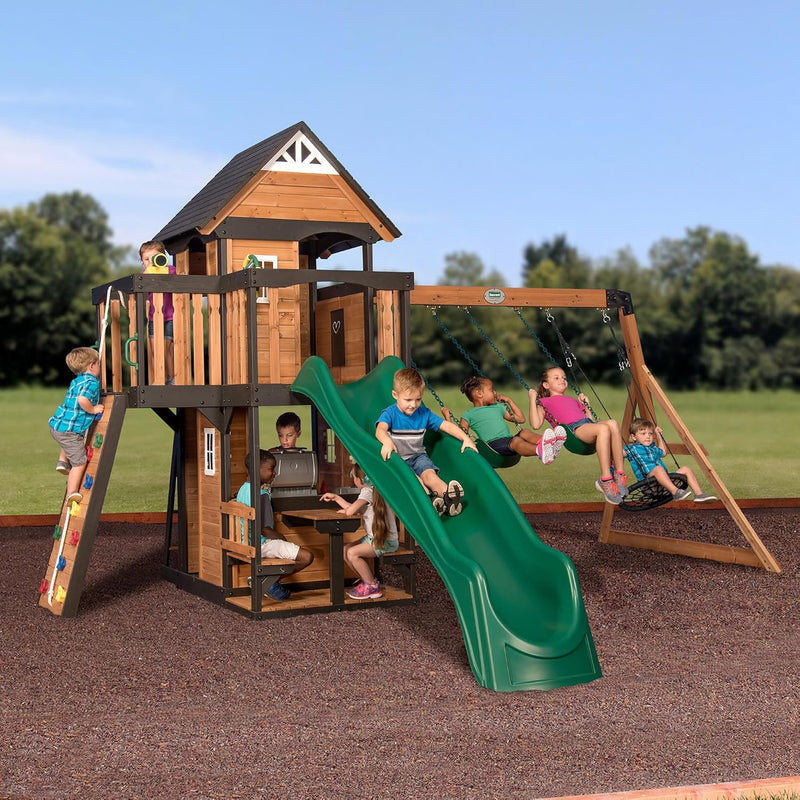 Canyon Creek Cedar Wood Swing Set with Wave Slide, Clubhouse, Play Kitchen, Picnic Area, Belt Swings, Web Swing, Rock Wall, Balconies, Playhouse, Step Ladder, Outdoor Playset S0