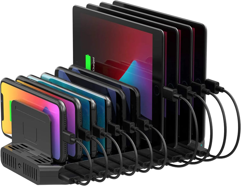 A charging interface station with 10 USB fast charging ports and adjustable partitions, suitable for charging multiple devices such as iPads, iPhones, tablets and mobile phones - 5-piece set, black S9