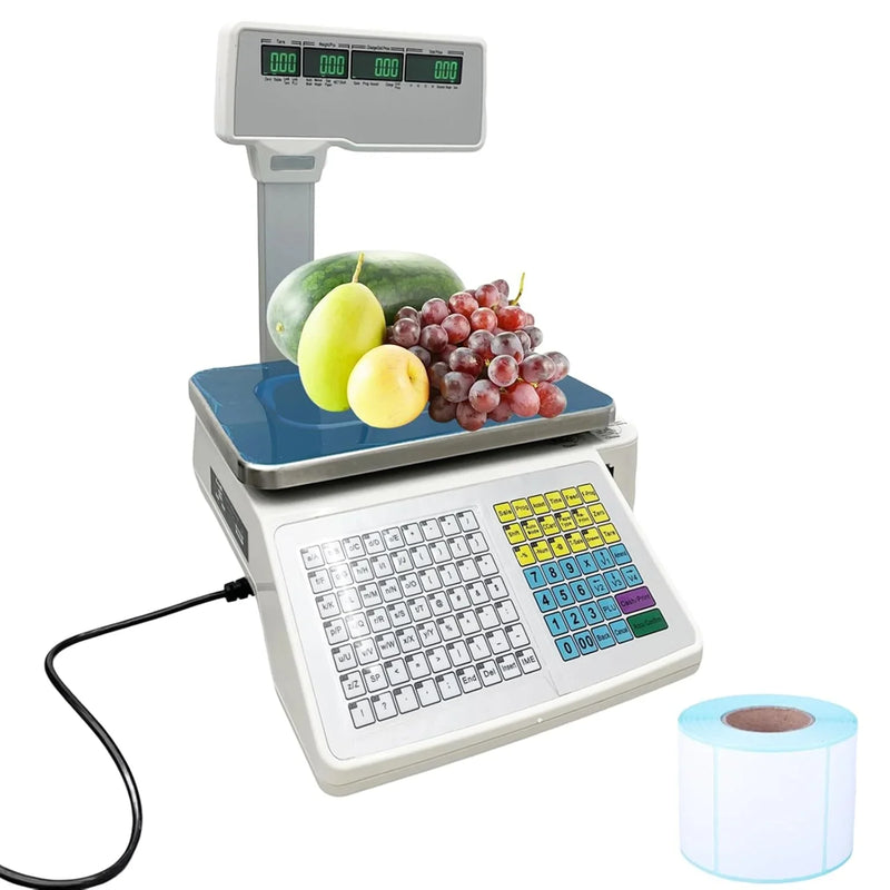 Commercial digital scale, equipped with thermal printer, 4 window vertical double-sided LCD display, capable of printing labels, maximum load capacity of 66 pounds, 110 volts, portable, suitable for storage areas, restaurants, bakeries U2