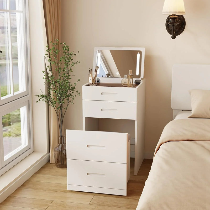 Solid Wood 3 in 1 Vanity Desk with Flip Top Mirror, No Assembly, Compact Vanity with Hidden Chair, Small Makeup Vanity Set with Power Outlet, Dressing Table for Bedroom, White Z0