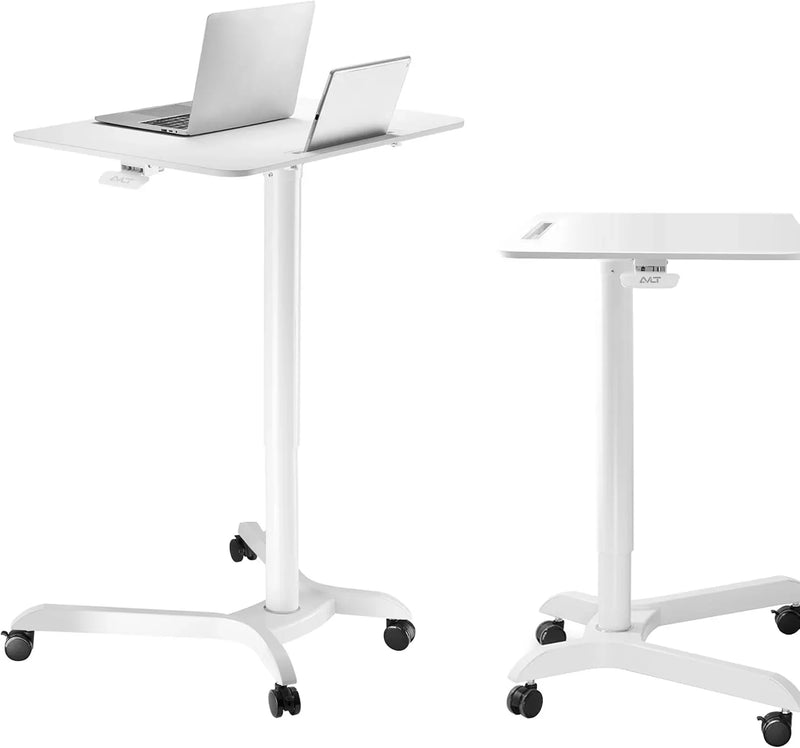 Portable laptop desk cart (3 feet 8 inches) - Mobile rolling desk - Computer projector cart - Adjustable height foldable mobile folding table - White mobile frame with brake wheels H6