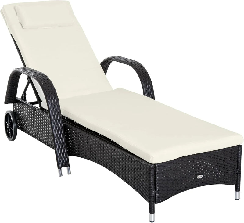 Wicker Outdoor Chaise Lounge, 5-Level Adjustable Backrest PE Rattan Pool Lounge Chair with Wheels, Cushion & Headrest, Brown and Dark Blue Q8