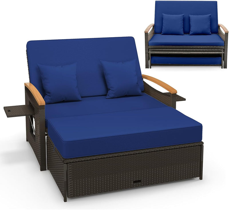 Moccha Outdoor Wicker Daybed, Patio Rattan Loveseat Sofa w/ 4-Level Adjustable Backrest, Folding Panels, Storage Ottoman & Cushions, Lounge Furniture Set for Poolside Backyard Porch (Beige) Y0