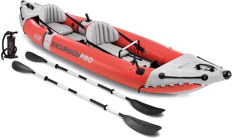 68309EP Excursion Pro K2 Inflatable Kayak Set: Includes Deluxe 86in Kayak Paddles and High-Output Pump – SuperTough PVC – Adjustable Bucket Seat – 2-Person – 400lb Weight Capacity O0