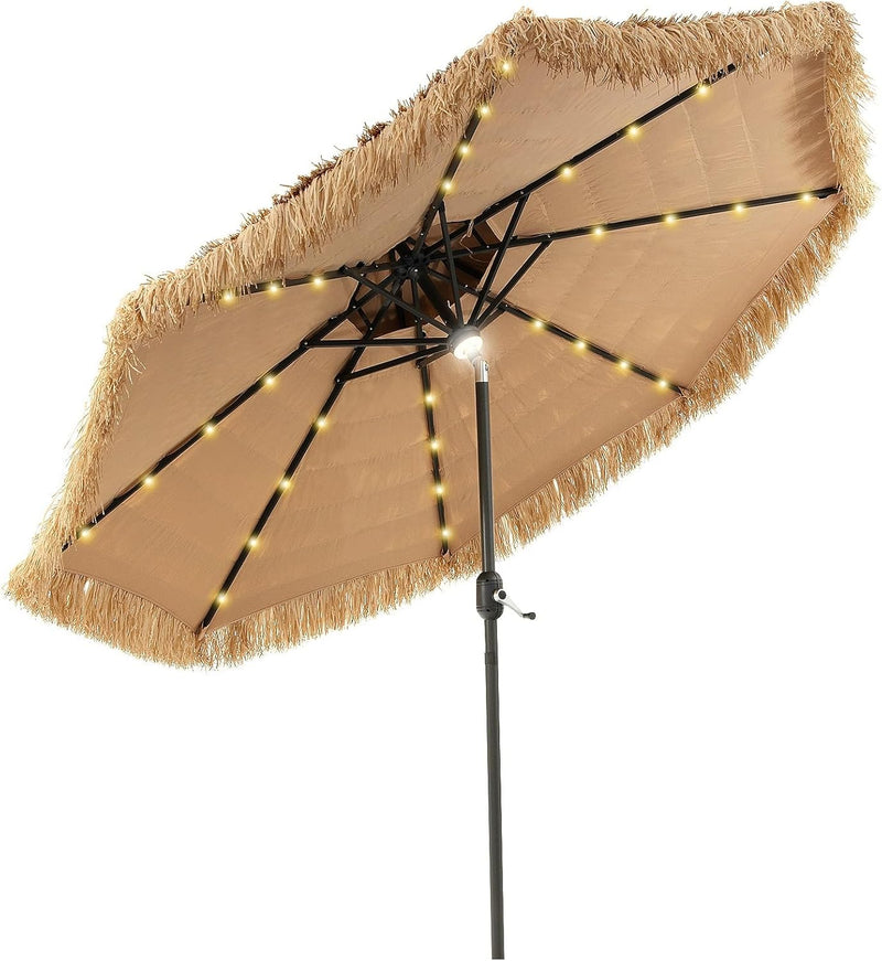 Mud-cloth style ti-ki courtyard shade umbrella - Two-layer Hawaiian lei-style inclined beach shade umbrella, equipped with 33 LED lights, 8 umbrella ribs and a rotatable lifting device, solar-powered lawn-type courtyard shade umbrella, tropical palm Z4
