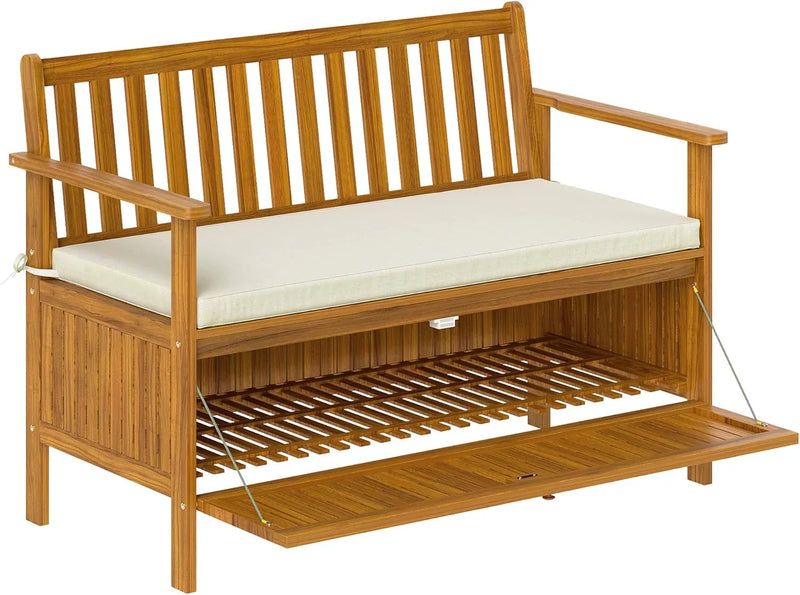Outdoor bench with storage box, 28-gallon outdoor storage bench, garden seat made of rosewood with cushion, suitable for parks, balconies, and terraces, double-person outdoor furniture, made of teak material Q0